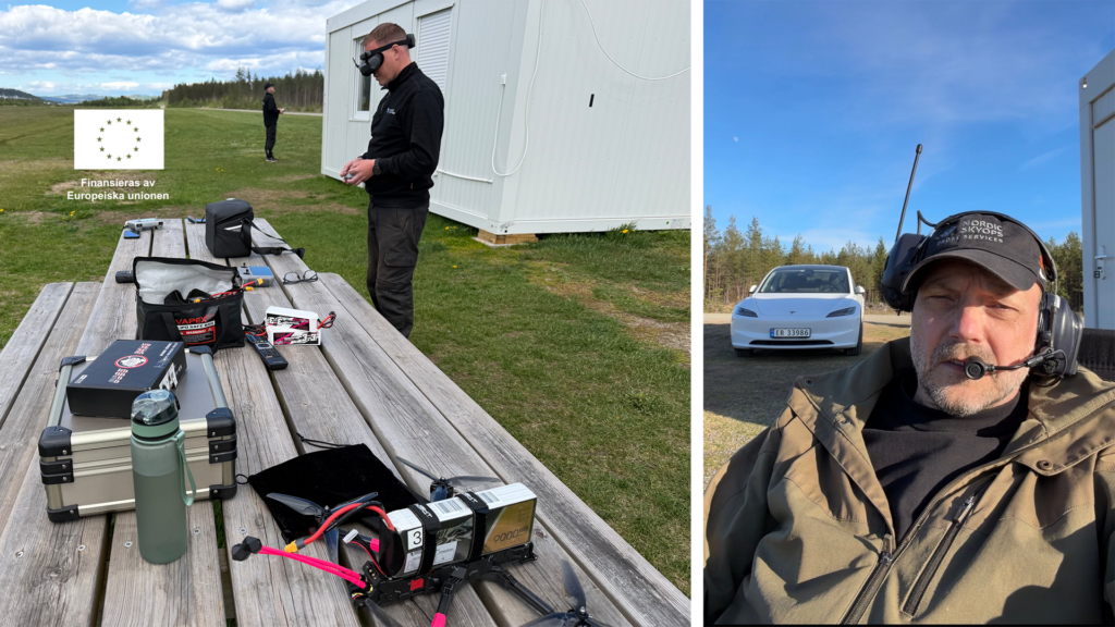 Två män med radioheadset sköter utomhusutrustning nära ett bord, en container och en vit bil i ett landsbygdsområde, som en del av LIA i Norge genom Erasmus+ YH Akademin.