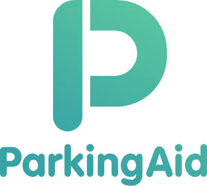 En blågrön ”P”-logotyp ovanför texten ”ParkingAid” i samma färg på vit bakgrund.