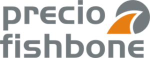 Logotyp med texten ”precio fishbone” och ett abstrakt mönster i orange och grått till höger.