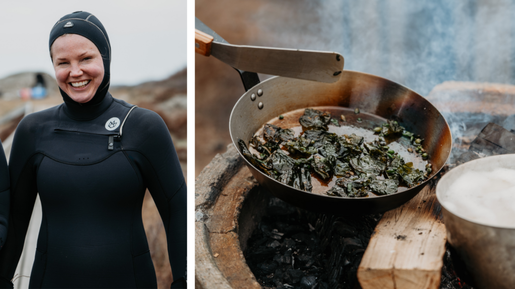 En leende person i våtdräkt bredvid en kastrull med tång som kokar över en utomhuseld – ett äventyr som sträcker sig från kryddfält i Skåne till tång i Bohuslän, där de skandinaviska smakerna hyllas vid strandkanten.