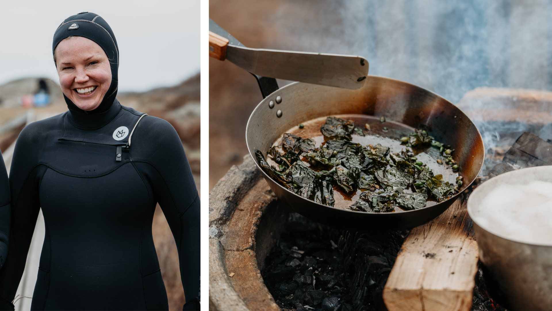 En leende person i våtdräkt bredvid en kastrull med tång som kokar över en utomhuseld – ett äventyr som sträcker sig från kryddfält i Skåne till tång i Bohuslän, där de skandinaviska smakerna hyllas vid strandkanten.