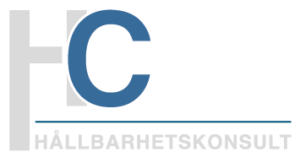 Ett stort grått ”H” och ett blått ”C” med texten ”HÅLLBARHETSKONSULT” i grått och en blå linje under bokstäverna.
