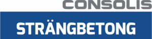 Consolis Strängbetongs logotyp med grå och vit text på en blå och vit bakgrund.